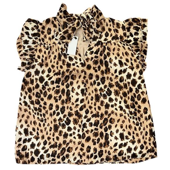 NWT Sugar Lips Ruffle Tie-Neck Leopard Print Top Medium - Picture 4 of 6